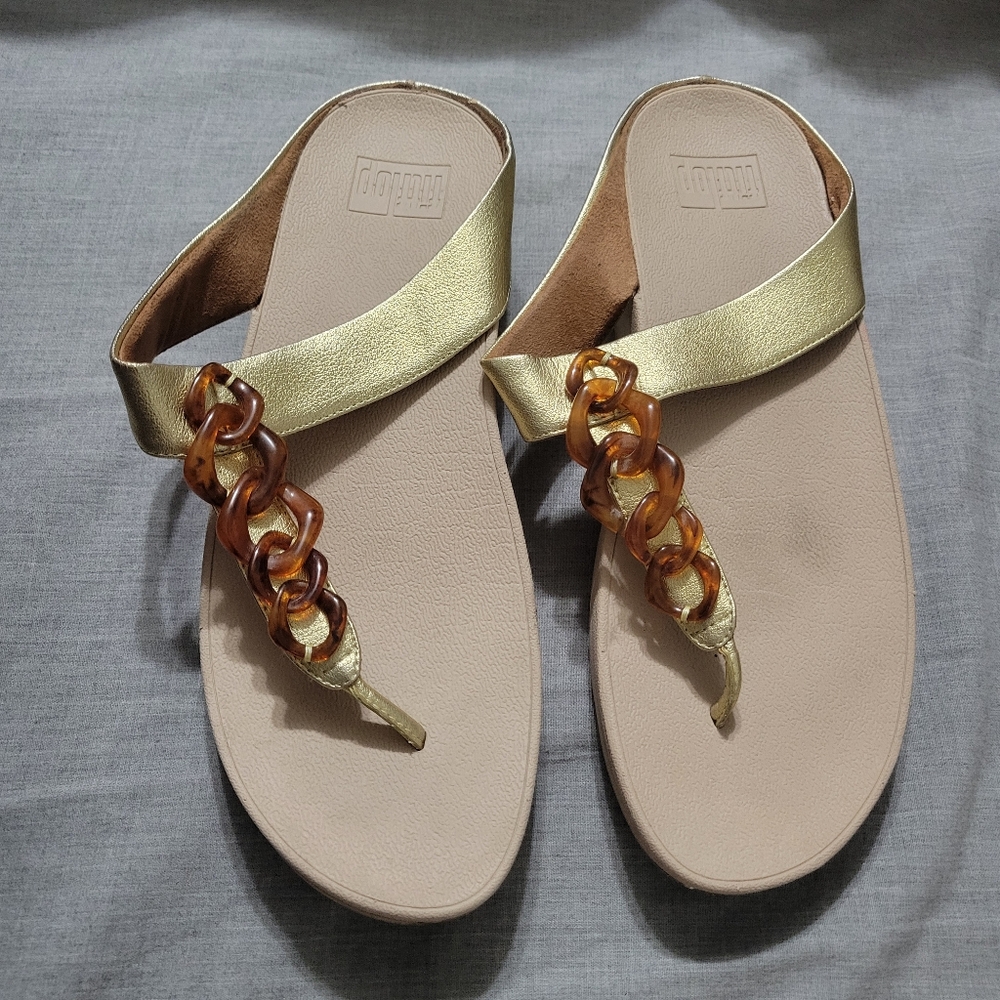 FitFlop Womens 10 Gold Sandals Fino Tortoise Chain Thong Slide Wedge Casual